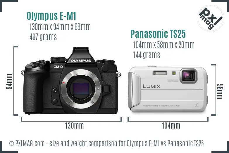 Olympus E-M1 vs Panasonic TS25 size comparison Olympus E-M1 vs Panasonic TS25 size comparison