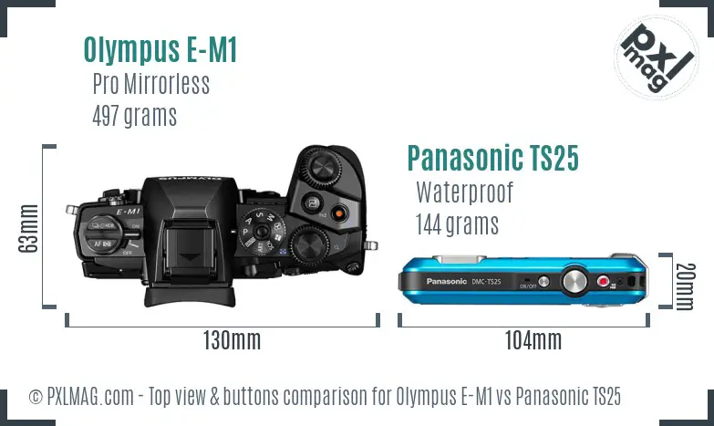 Olympus E-M1 vs Panasonic TS25 top view buttons comparison Olympus E-M1 vs Panasonic TS25 top view buttons comparison