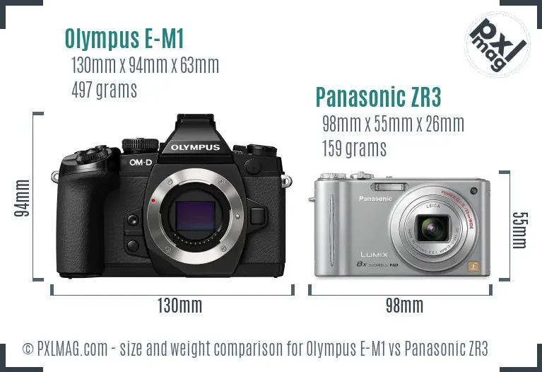 Olympus E-M1 vs Panasonic ZR3 size comparison