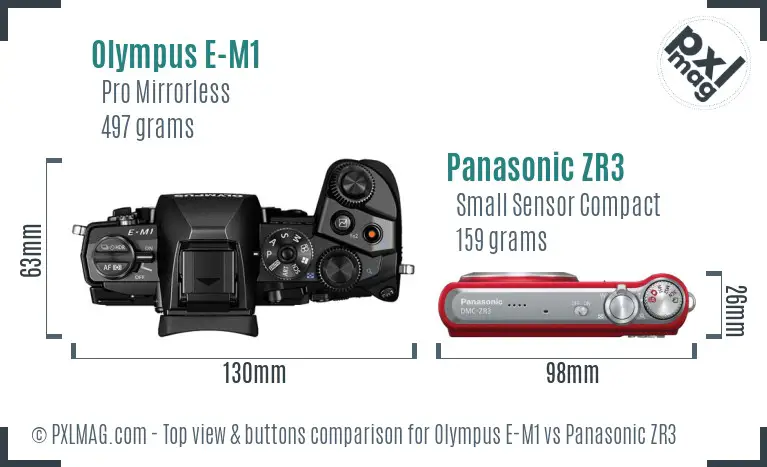 Olympus E-M1 vs Panasonic ZR3 top view buttons comparison