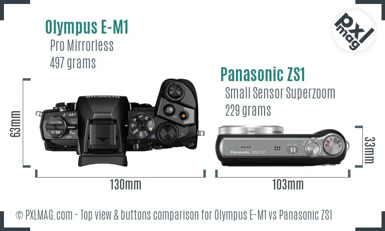 Olympus E-M1 vs Panasonic ZS1 top view buttons comparison