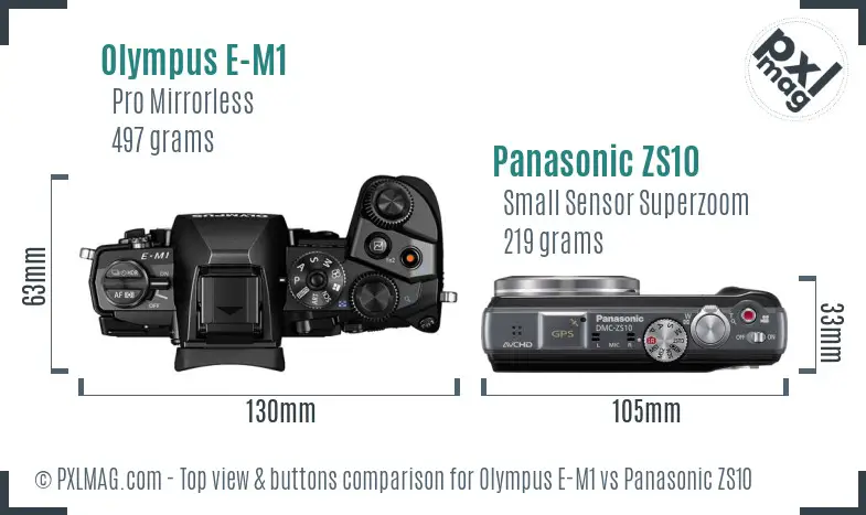 Olympus E-M1 vs Panasonic ZS10 top view buttons comparison