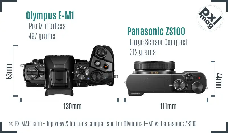 Olympus E-M1 vs Panasonic ZS100 top view buttons comparison