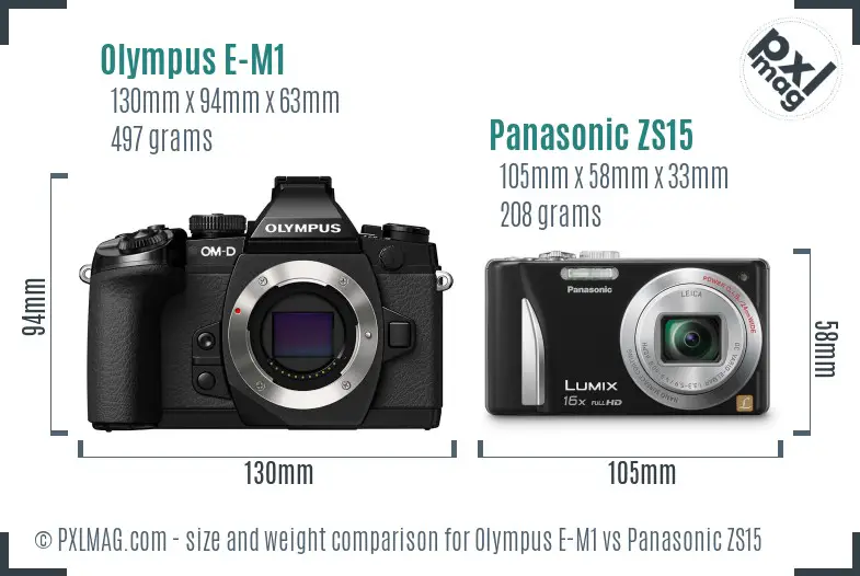 Olympus E-M1 vs Panasonic ZS15 size comparison