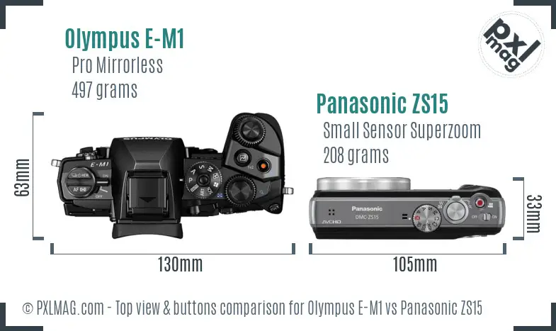 Olympus E-M1 vs Panasonic ZS15 top view buttons comparison