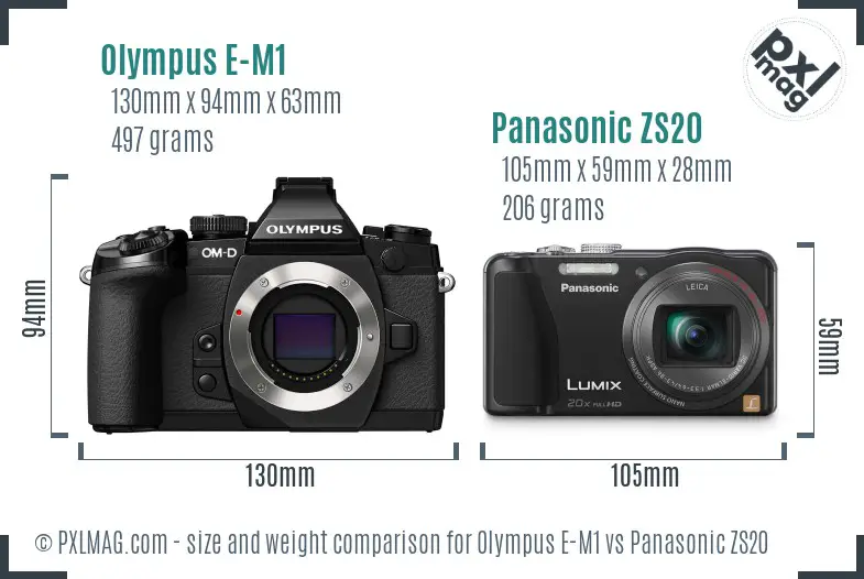 Olympus E-M1 vs Panasonic ZS20 size comparison