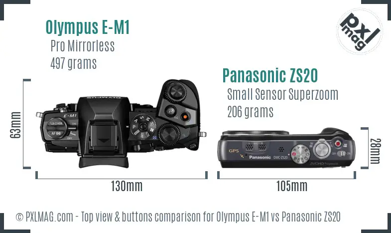 Olympus E-M1 vs Panasonic ZS20 top view buttons comparison