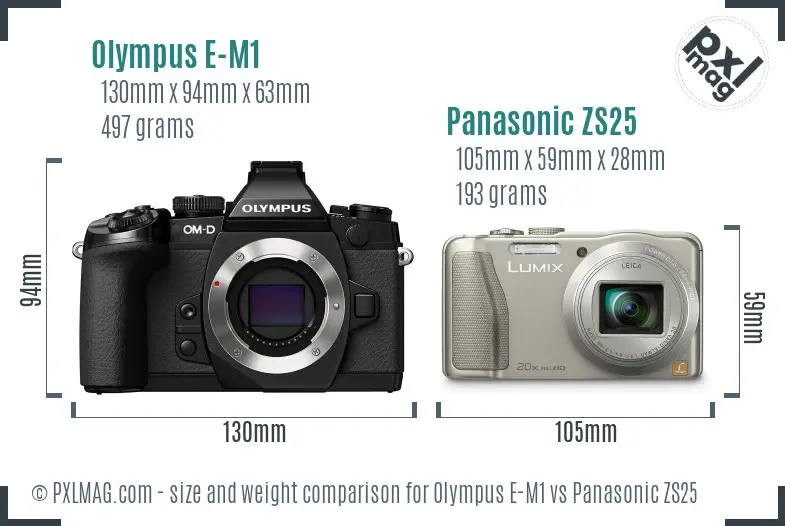 Olympus E-M1 vs Panasonic ZS25 size comparison