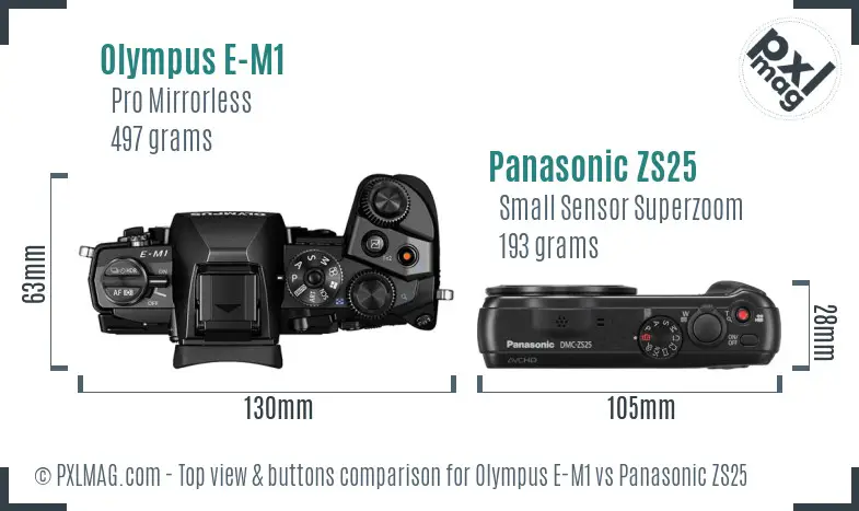 Olympus E-M1 vs Panasonic ZS25 top view buttons comparison