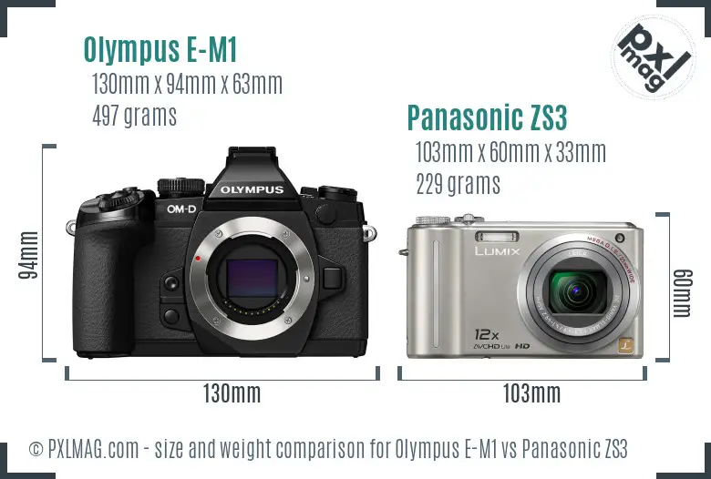 Olympus E-M1 vs Panasonic ZS3 size comparison