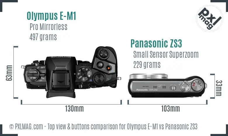 Olympus E-M1 vs Panasonic ZS3 top view buttons comparison