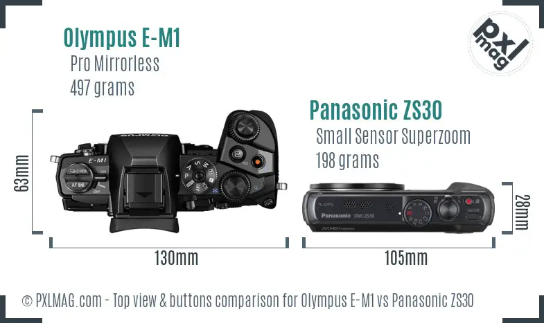 Olympus E-M1 vs Panasonic ZS30 top view buttons comparison