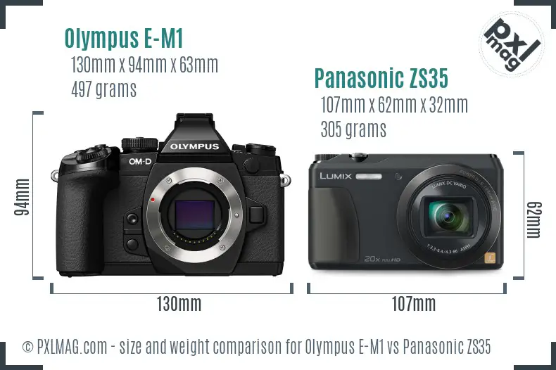 Olympus E-M1 vs Panasonic ZS35 size comparison