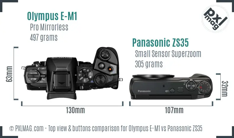 Olympus E-M1 vs Panasonic ZS35 top view buttons comparison