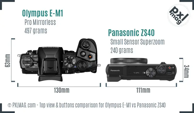 Olympus E-M1 vs Panasonic ZS40 top view buttons comparison