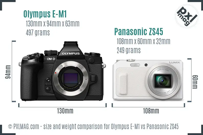Olympus E-M1 vs Panasonic ZS45 size comparison