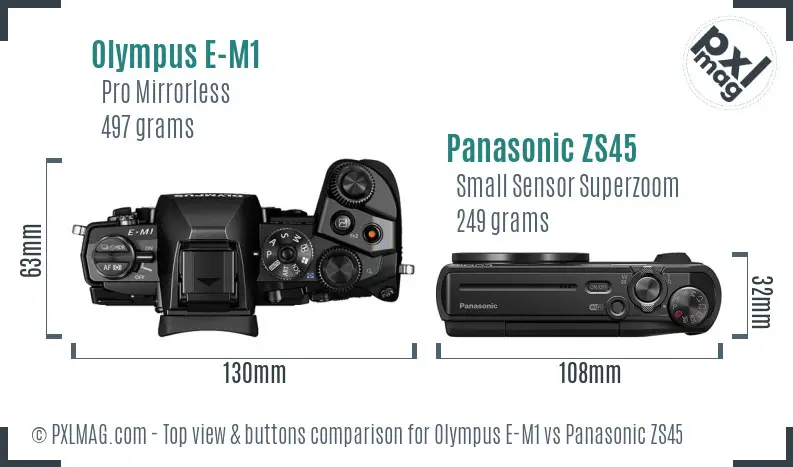 Olympus E-M1 vs Panasonic ZS45 top view buttons comparison