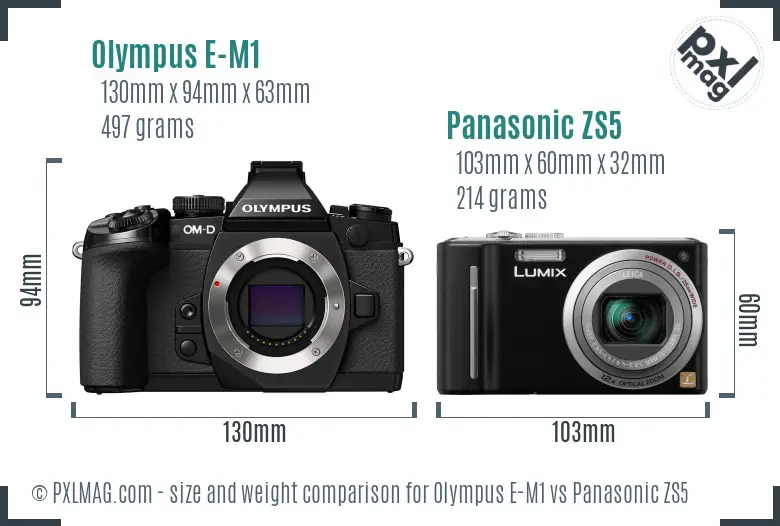 Olympus E-M1 vs Panasonic ZS5 size comparison
