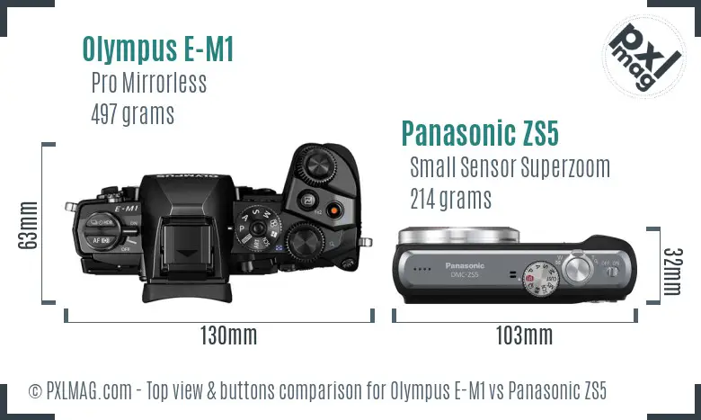Olympus E-M1 vs Panasonic ZS5 top view buttons comparison