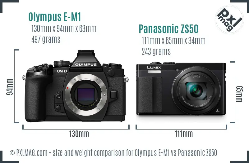 Olympus E-M1 vs Panasonic ZS50 size comparison