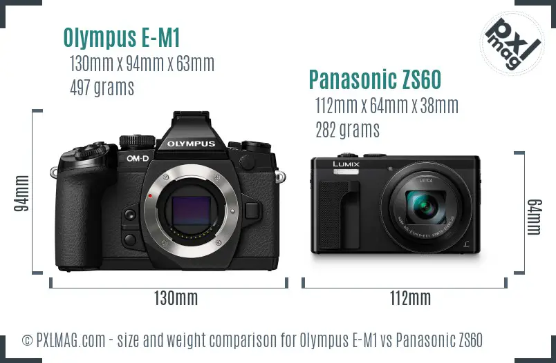Olympus E-M1 vs Panasonic ZS60 size comparison
