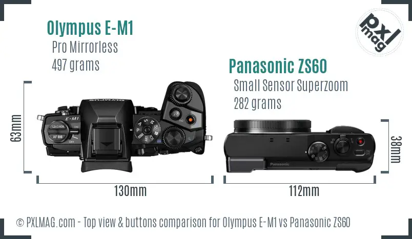 Olympus E-M1 vs Panasonic ZS60 top view buttons comparison
