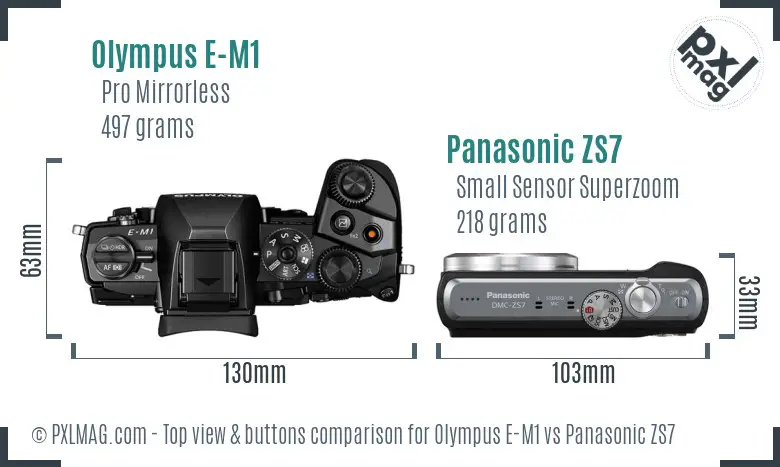 Olympus E-M1 vs Panasonic ZS7 top view buttons comparison