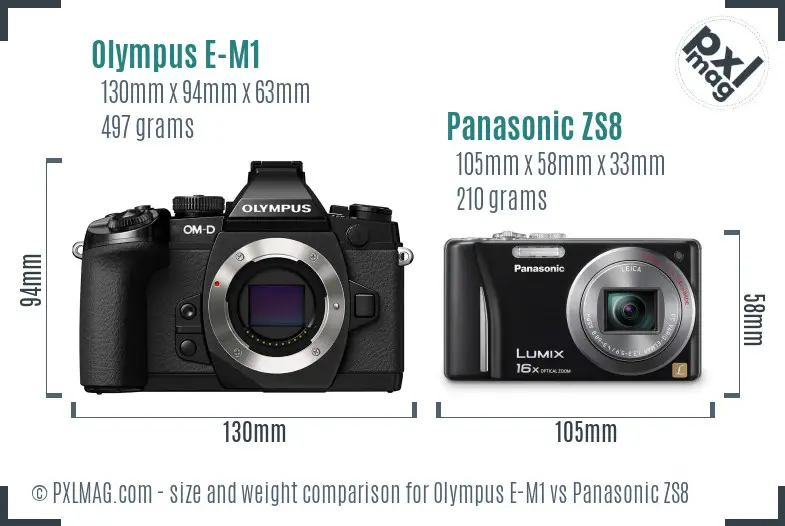 Olympus E-M1 vs Panasonic ZS8 size comparison