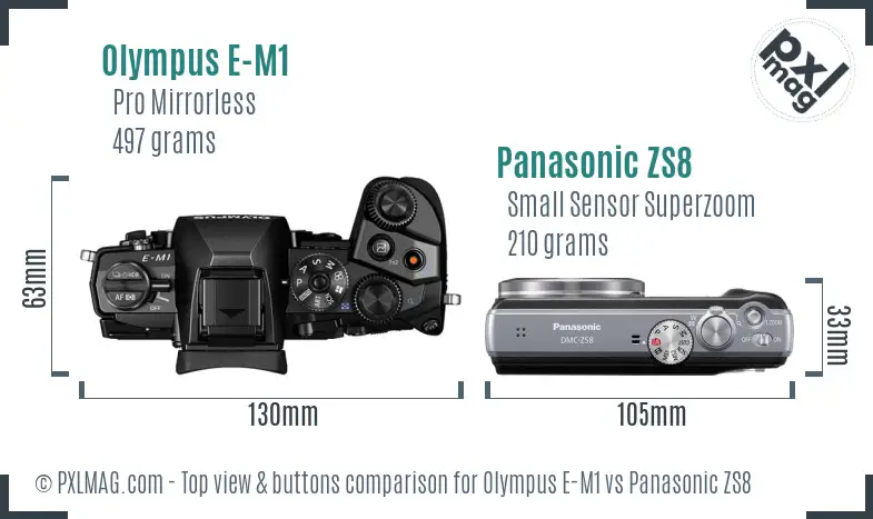 Olympus E-M1 vs Panasonic ZS8 top view buttons comparison