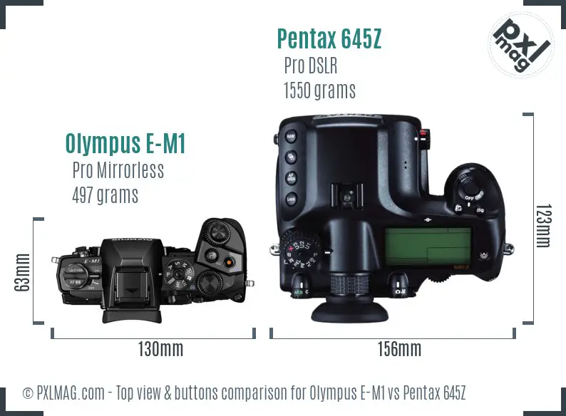 Olympus E-M1 vs Pentax 645Z top view buttons comparison