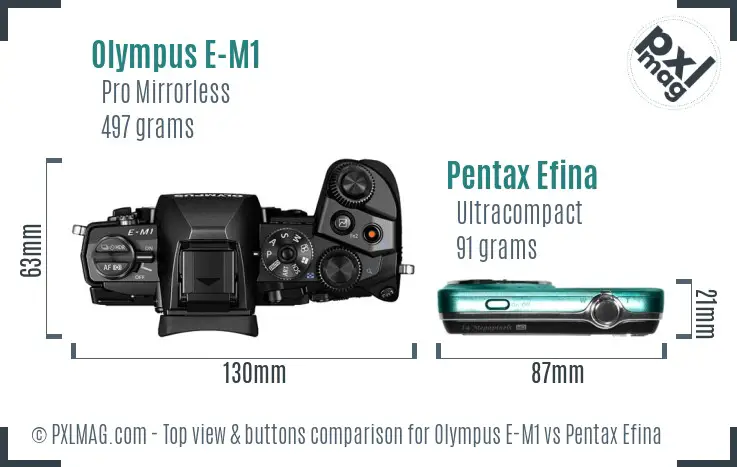 Olympus E-M1 vs Pentax Efina top view buttons comparison