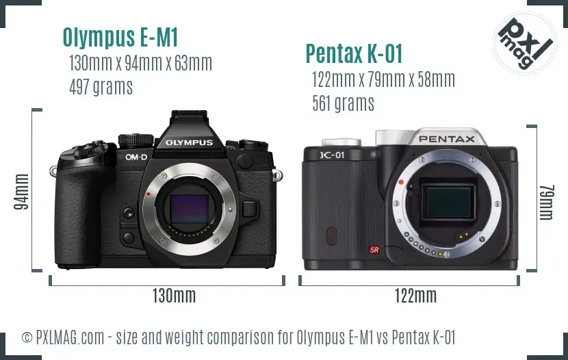 Olympus E-M1 vs Pentax K-01 size comparison