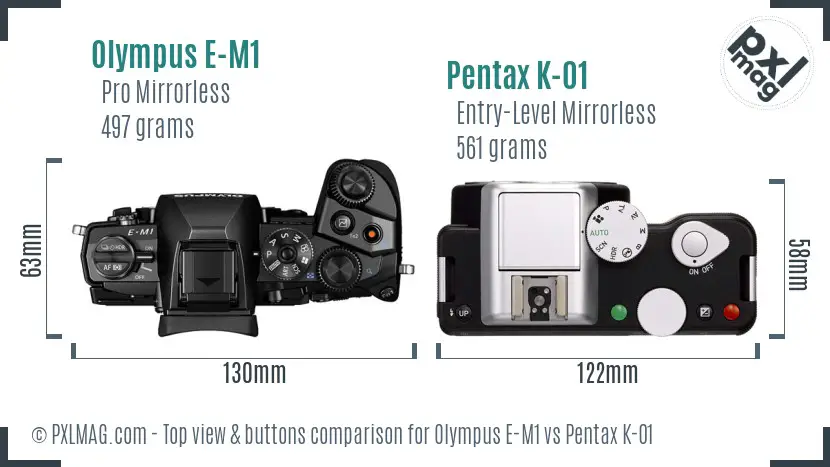 Olympus E-M1 vs Pentax K-01 top view buttons comparison