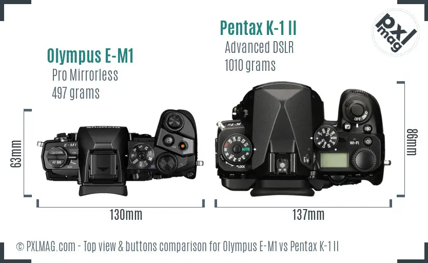 Olympus E-M1 vs Pentax K-1 II top view buttons comparison