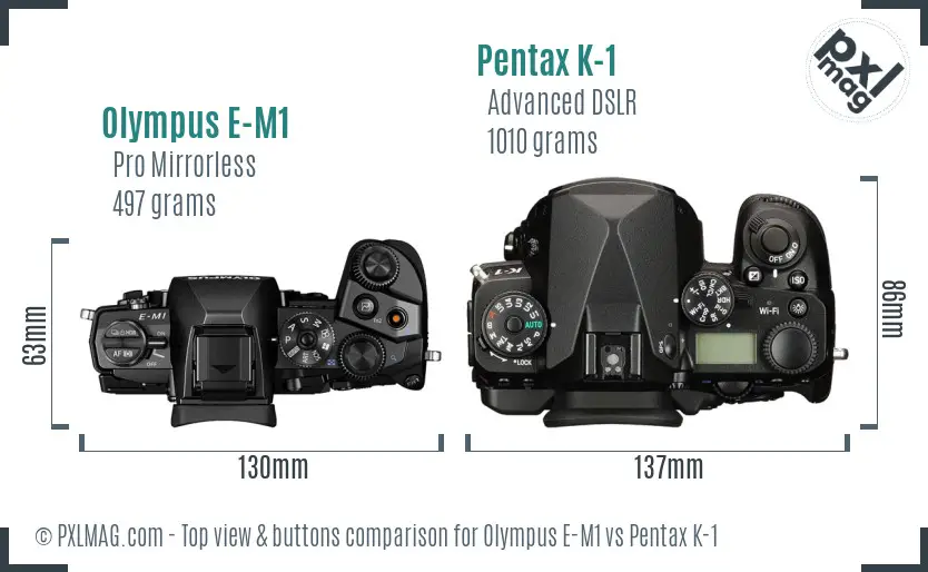 Olympus E-M1 vs Pentax K-1 top view buttons comparison