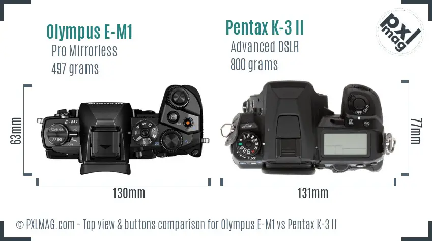 Olympus E-M1 vs Pentax K-3 II top view buttons comparison
