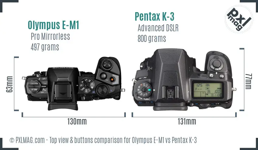 Olympus E-M1 vs Pentax K-3 top view buttons comparison