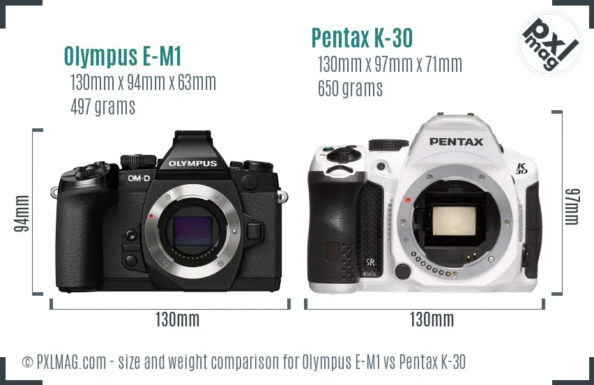 Olympus E-M1 vs Pentax K-30 size comparison