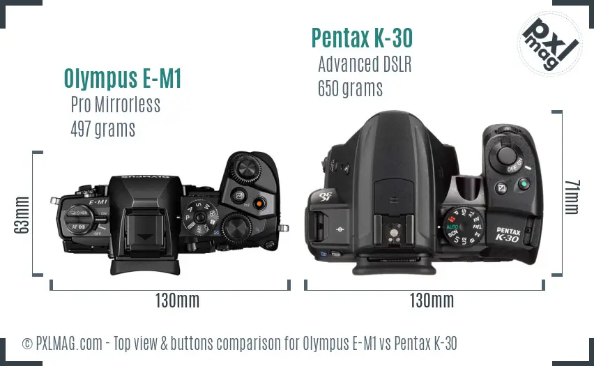Olympus E-M1 vs Pentax K-30 top view buttons comparison