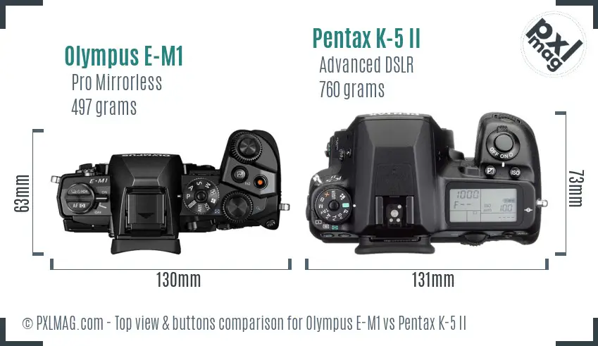 Olympus E-M1 vs Pentax K-5 II top view buttons comparison