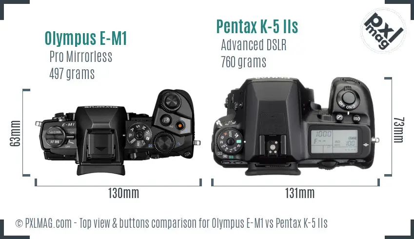 Olympus E-M1 vs Pentax K-5 IIs top view buttons comparison