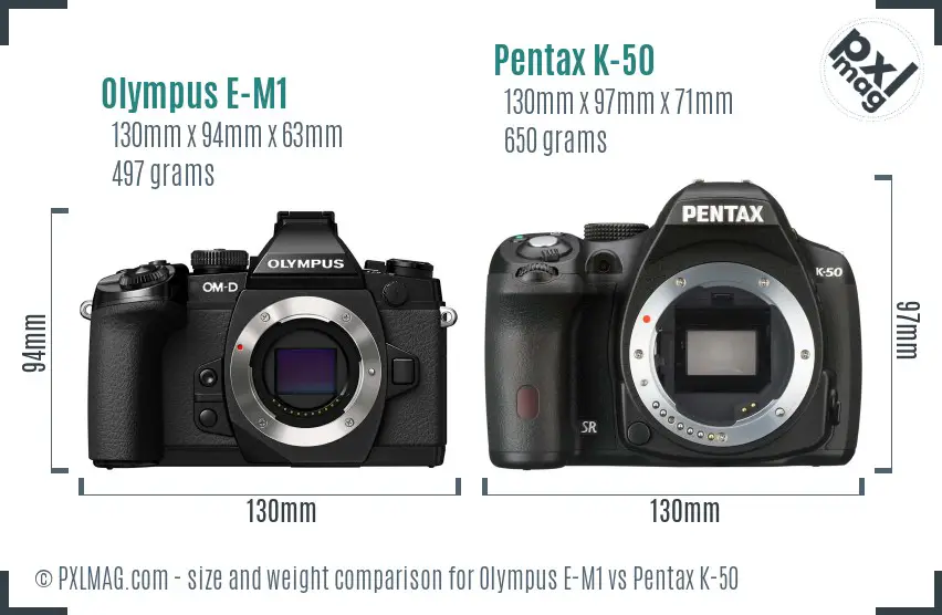 Olympus E-M1 vs Pentax K-50 size comparison