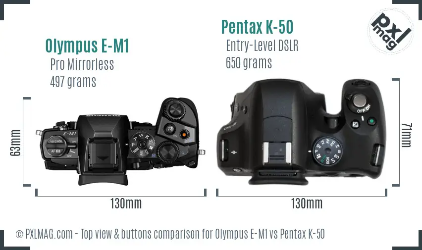 Olympus E-M1 vs Pentax K-50 top view buttons comparison