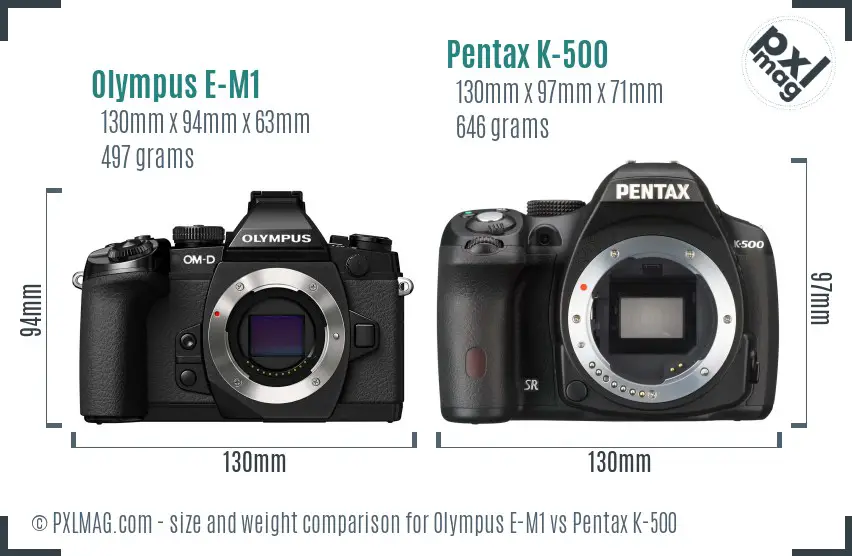 Olympus E-M1 vs Pentax K-500 size comparison