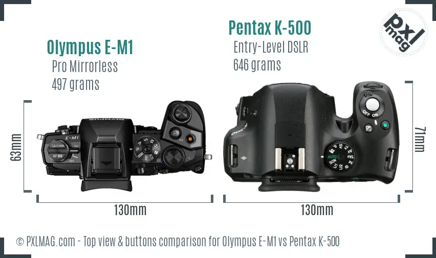 Olympus E-M1 vs Pentax K-500 top view buttons comparison