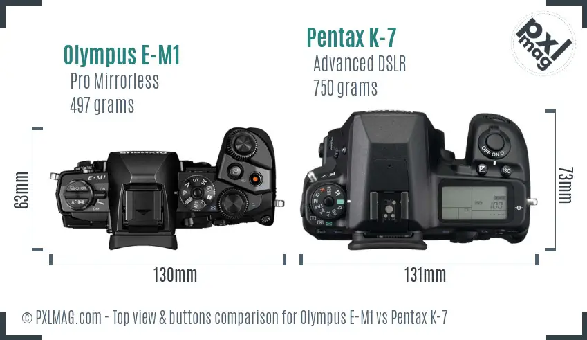 Olympus E-M1 vs Pentax K-7 top view buttons comparison
