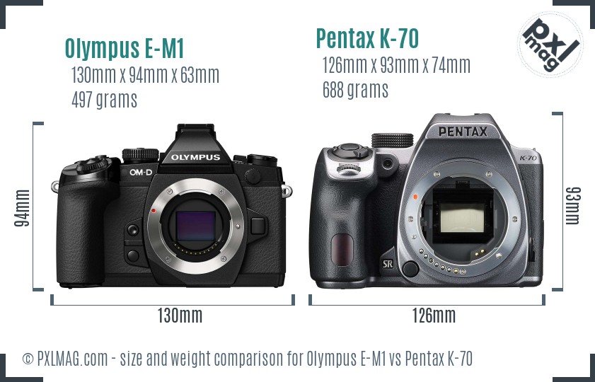 Olympus E-M1 vs Pentax K-70 size comparison