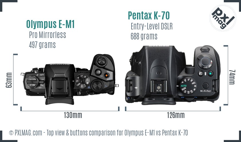 Olympus E-M1 vs Pentax K-70 top view buttons comparison