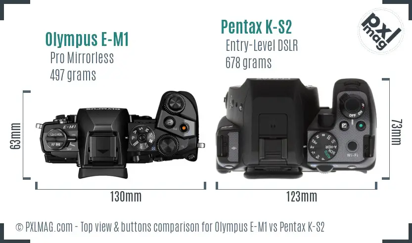 Olympus E-M1 vs Pentax K-S2 top view buttons comparison