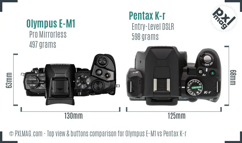Olympus E-M1 vs Pentax K-r top view buttons comparison